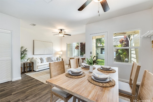 dining room featuring a ceiling fan, dark wood-style floors, visible vents, and baseboards