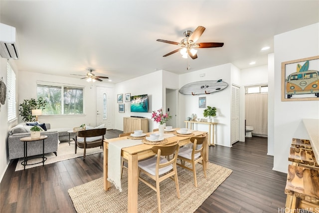 dining room with recessed lighting, dark wood-style floors, a wall mounted air conditioner, and ceiling fan