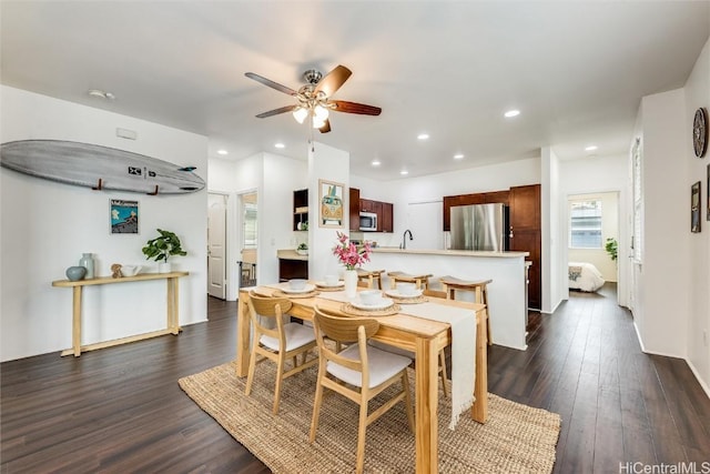 dining area with recessed lighting, dark wood-type flooring, and ceiling fan