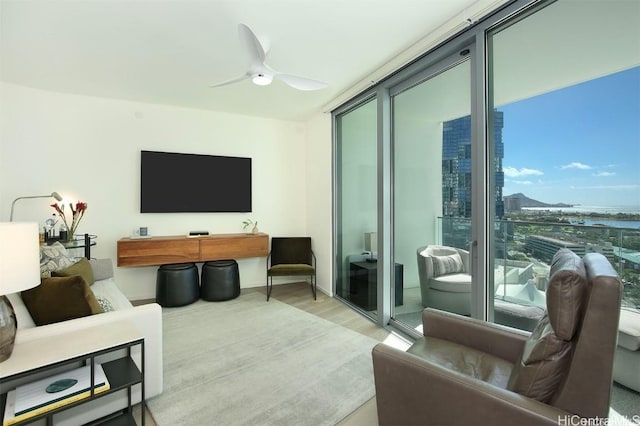 living area featuring a ceiling fan and wood finished floors