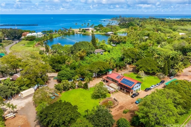 drone / aerial view with a water view