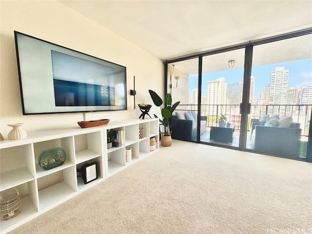 sitting room with floor to ceiling windows, a view of city, and carpet