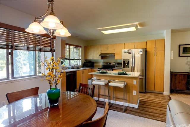 kitchen featuring stainless steel appliances, light countertops, a sink, wood finished floors, and under cabinet range hood