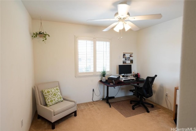 office space with ceiling fan and carpet flooring