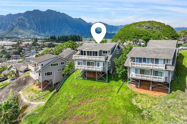 aerial view featuring a residential view and a mountain view