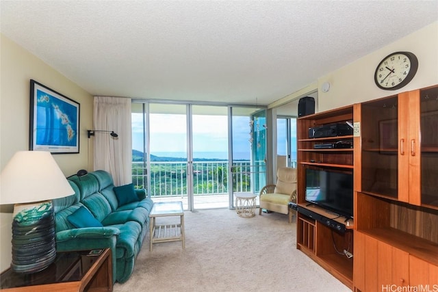 carpeted living area featuring expansive windows and a textured ceiling
