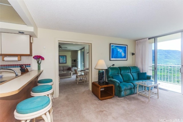 living room featuring light carpet, a textured ceiling, a mountain view, and floor to ceiling windows