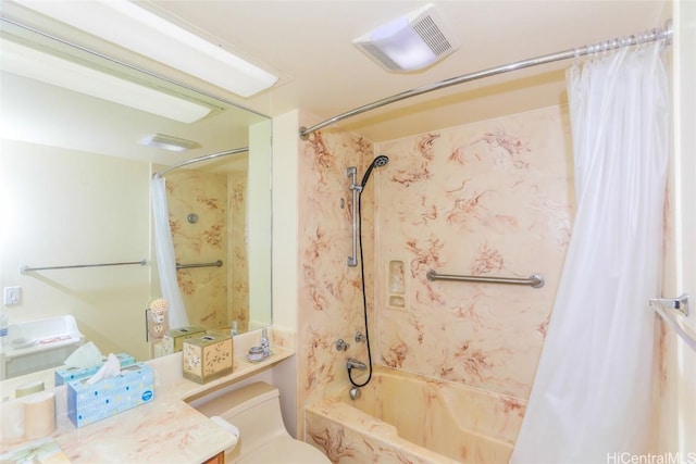 full bathroom with toilet, shower / bath combo, visible vents, and vanity
