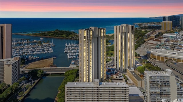 birds eye view of property with a view of city and a water view