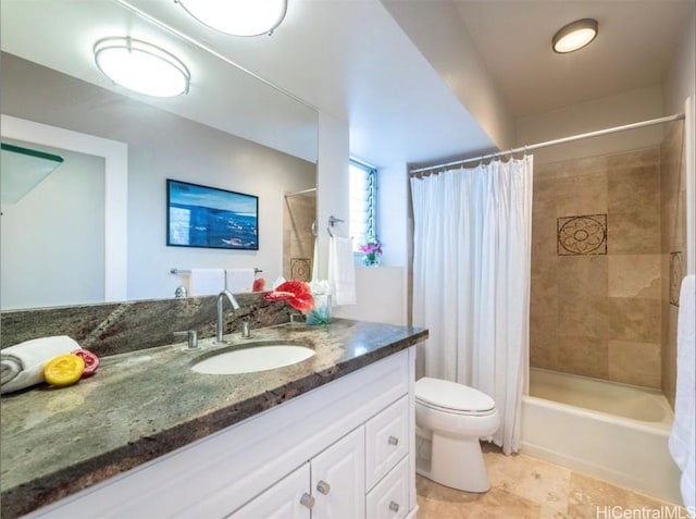 full bathroom featuring shower / tub combo, tile patterned flooring, vanity, and toilet