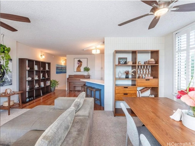 living area with a ceiling fan and a textured ceiling