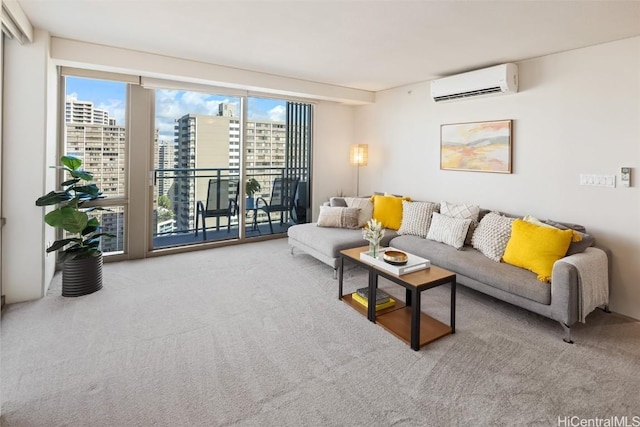 carpeted living area with a wall unit AC and a city view