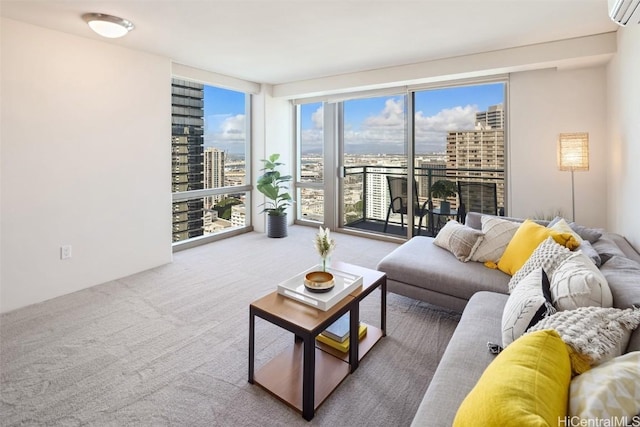 living area with carpet, a wall mounted air conditioner, and a city view