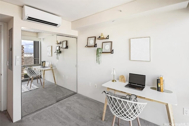 carpeted home office featuring an AC wall unit