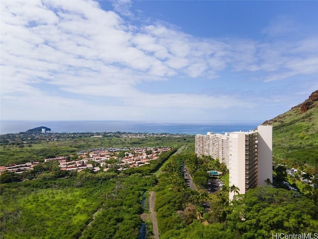 drone / aerial view featuring a water view and a city view