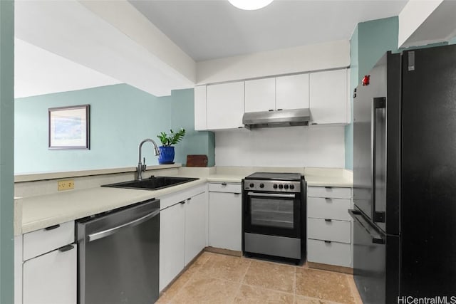 kitchen with stainless steel appliances, light countertops, a sink, and under cabinet range hood