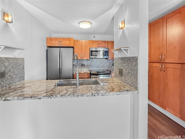 kitchen with tasteful backsplash, wood finished floors, a peninsula, light stone countertops, and stainless steel appliances