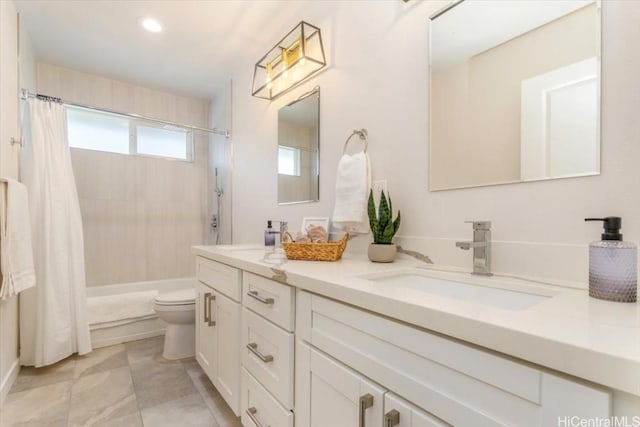 full bathroom with toilet, double vanity, a sink, and shower / tub combo with curtain