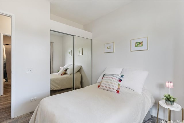 bedroom with wood finished floors and a closet