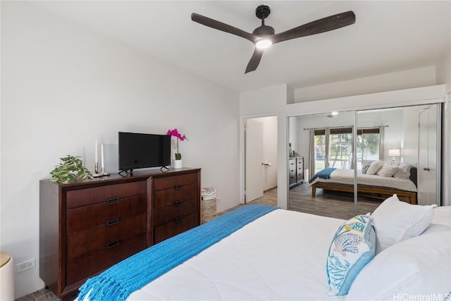 bedroom with wood finished floors, a ceiling fan, and a closet