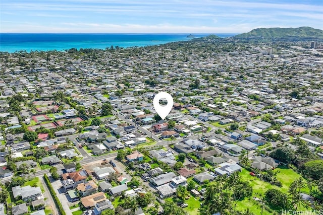 bird's eye view featuring a water view and a residential view