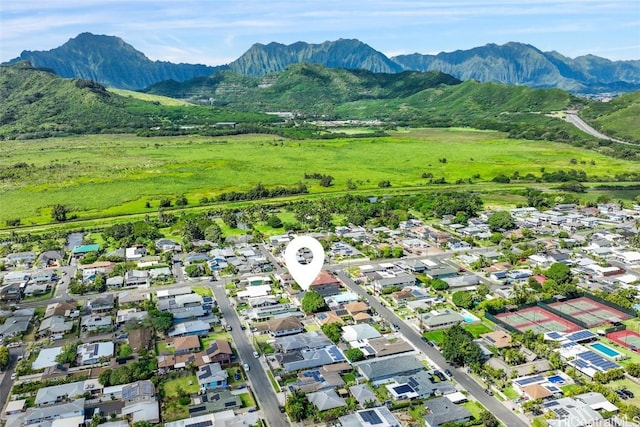 aerial view featuring a residential view and a mountain view