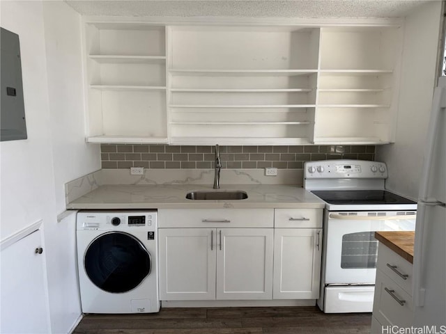 kitchen with white appliances, electric panel, washer / clothes dryer, open shelves, and a sink