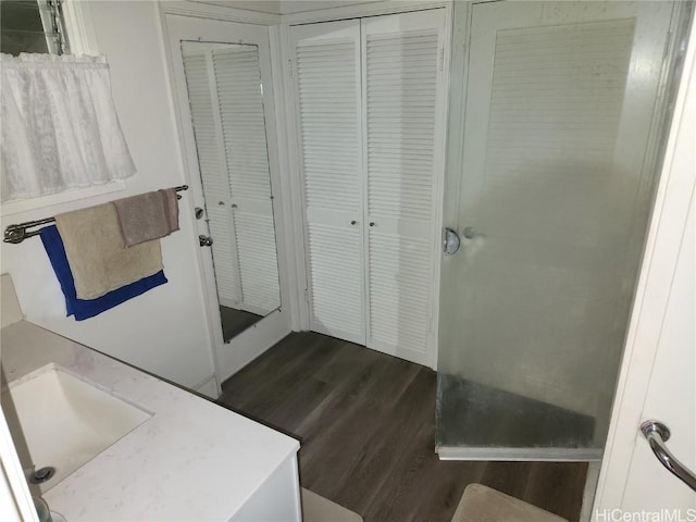 bathroom featuring a sink, a closet, and wood finished floors