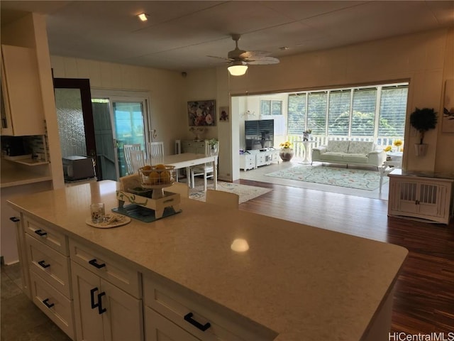 kitchen with dark wood-style flooring, white cabinets, a wealth of natural light, and light countertops