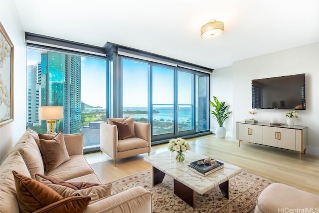 living room featuring a wall of windows and light wood-style flooring