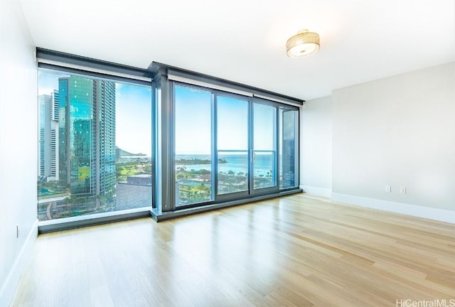 empty room featuring expansive windows, baseboards, a city view, and wood finished floors