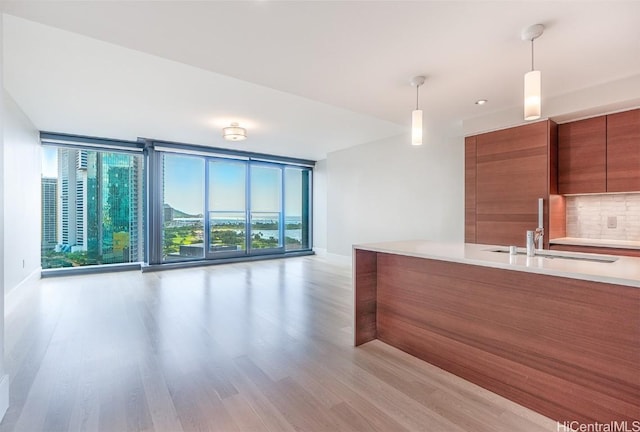 kitchen featuring a sink, brown cabinets, light wood finished floors, a wall of windows, and modern cabinets