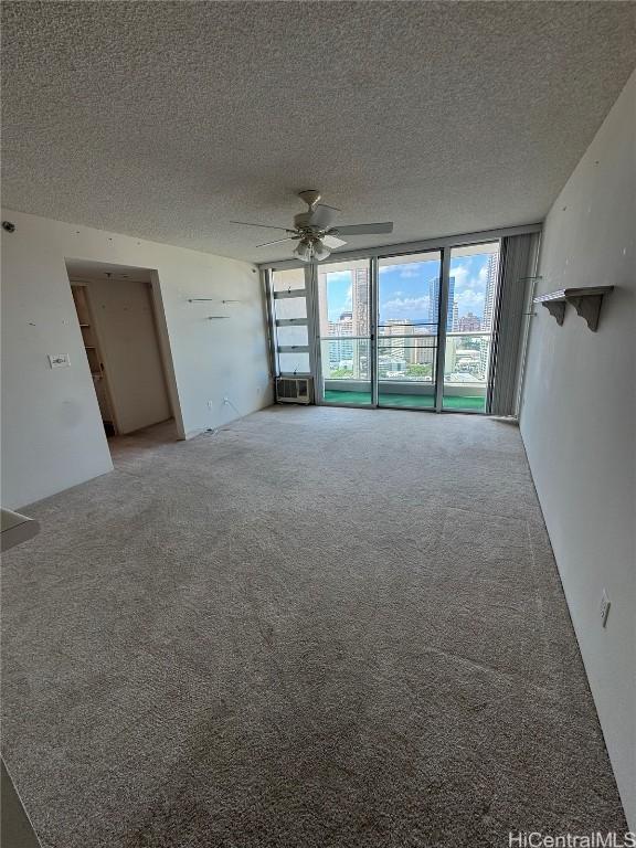 carpeted empty room with floor to ceiling windows, ceiling fan, and a textured ceiling