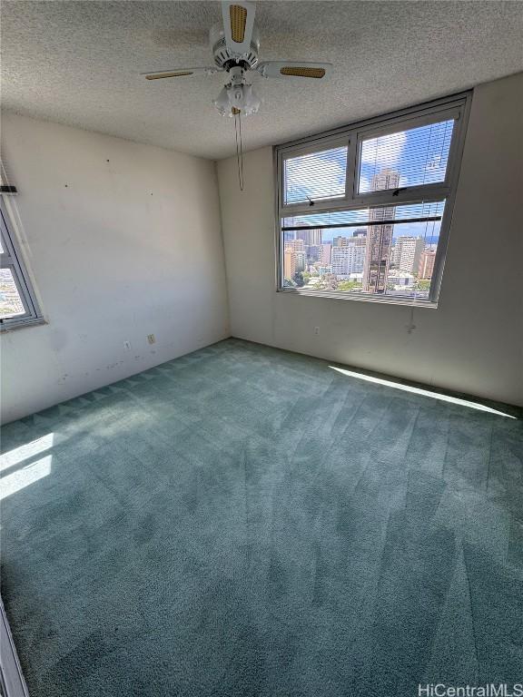 unfurnished room featuring carpet floors, a textured ceiling, and a ceiling fan