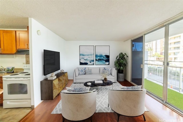 living area with a textured ceiling, light wood-type flooring, and expansive windows