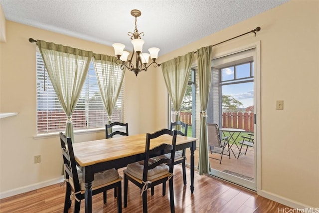 dining area with plenty of natural light, a textured ceiling, and wood finished floors