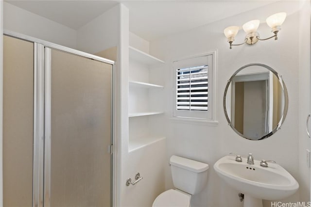 full bathroom featuring toilet, a shower stall, and a sink