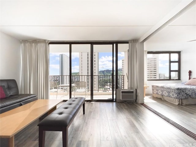 interior space with access to exterior, a view of city, floor to ceiling windows, and wood finished floors