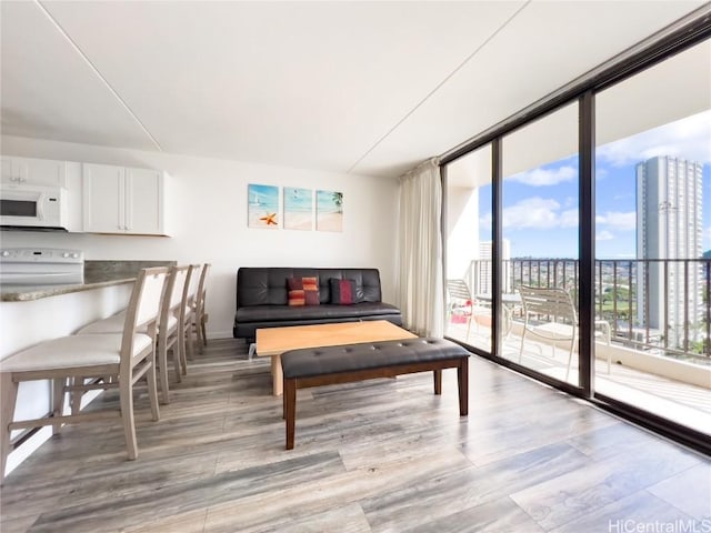 interior space with light wood-type flooring, floor to ceiling windows, and a view of city