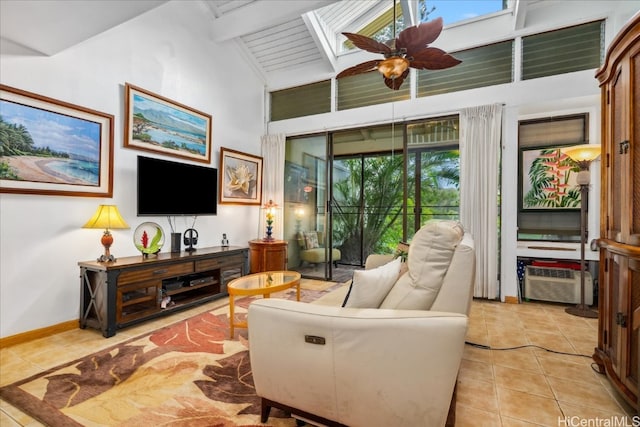 living area featuring high vaulted ceiling, an AC wall unit, light tile patterned flooring, and beamed ceiling