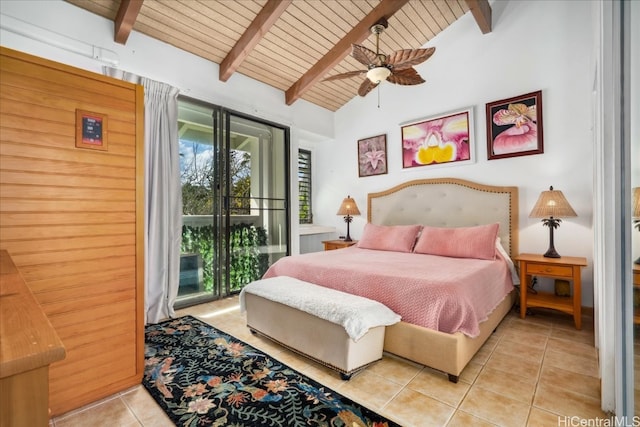 bedroom with wood ceiling, ceiling fan, vaulted ceiling with beams, access to outside, and tile patterned flooring