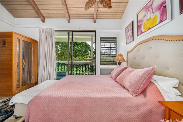 bedroom featuring access to outside, wooden ceiling, and vaulted ceiling with beams