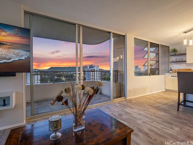 dining space featuring baseboards, wood finished floors, and a healthy amount of sunlight