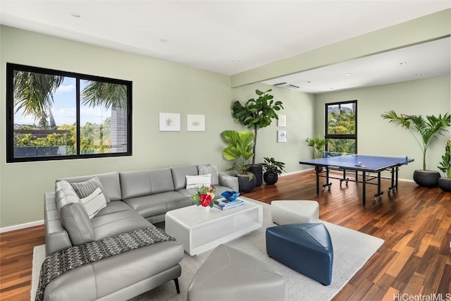 living area featuring a wealth of natural light, baseboards, and wood finished floors