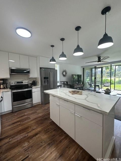 kitchen featuring white cabinets, electric stove, dark wood-style floors, ventilation hood, and refrigerator with ice dispenser