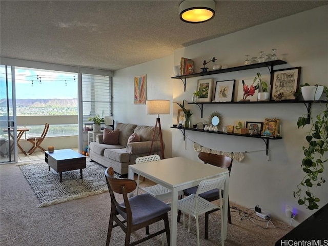 carpeted dining space featuring a textured ceiling