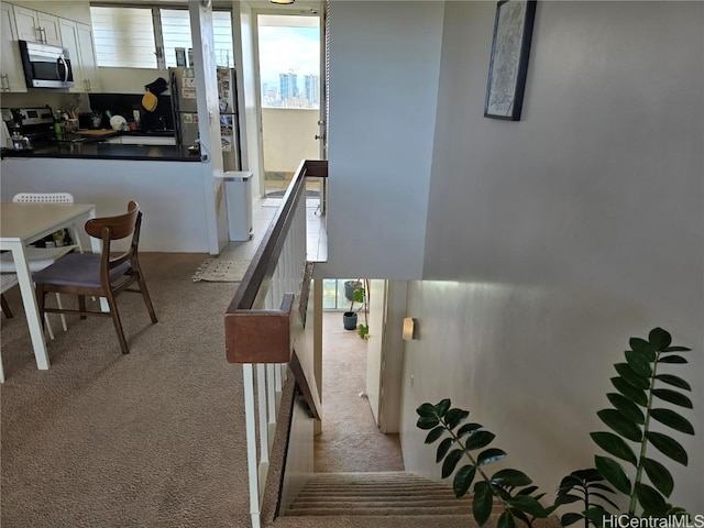 staircase featuring carpet