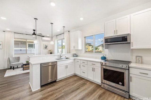 kitchen with white cabinets, appliances with stainless steel finishes, a peninsula, a healthy amount of sunlight, and a sink