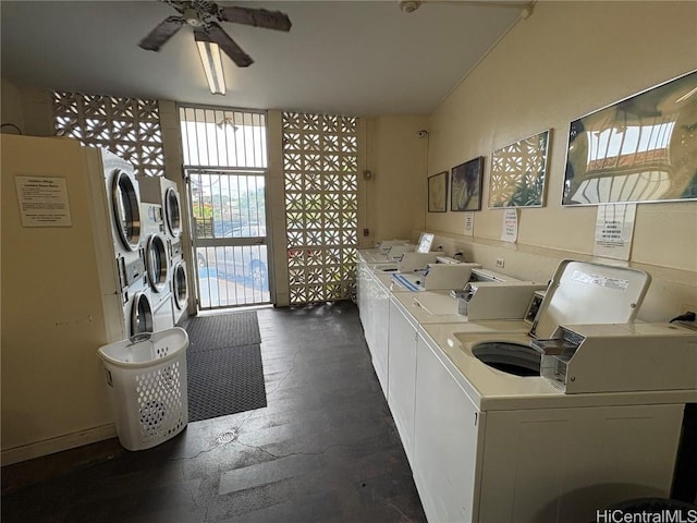 shared laundry area featuring a ceiling fan, separate washer and dryer, and stacked washer / dryer