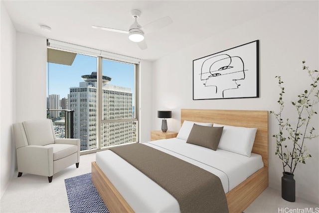 carpeted bedroom with access to exterior, a view of city, floor to ceiling windows, and ceiling fan